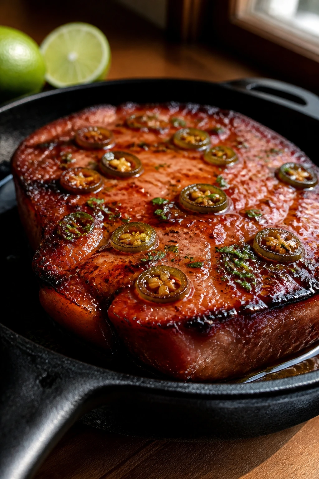 Close-up of jalapeño-maple ham steak with glaze in cast iron skillet