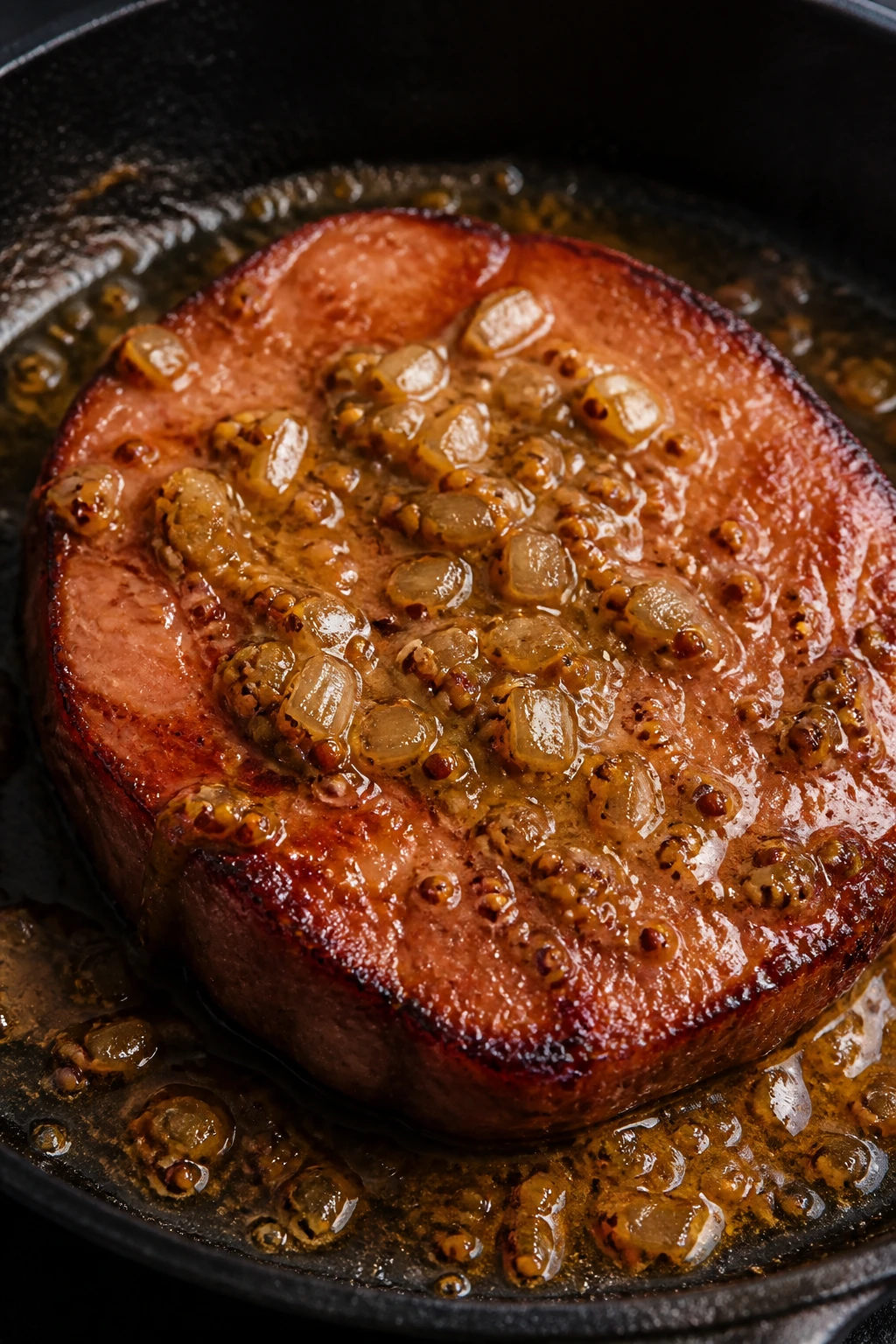 Ham steak with mustard and shallot sauce in cast iron skillet