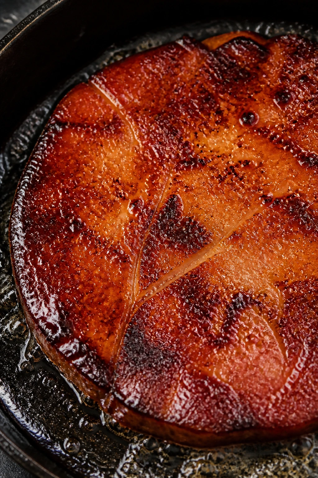 Ham steak with deep sear and glaze in skillet