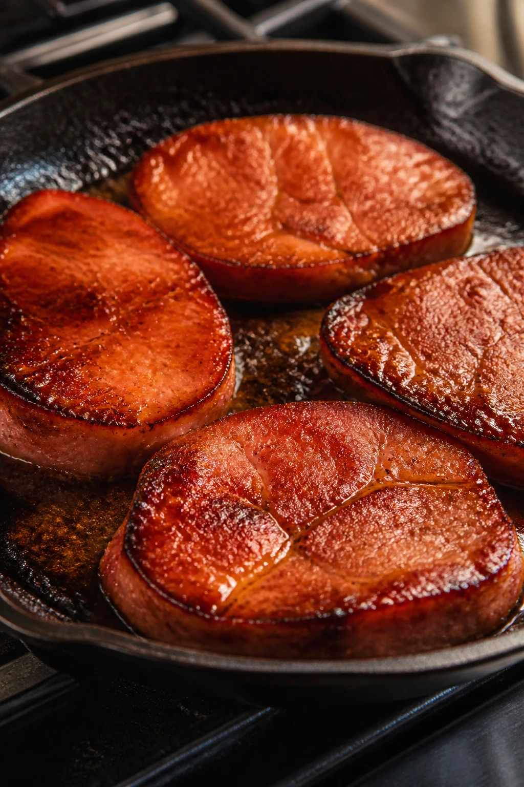 Ham steaks in a skillet glossy with bourbon glaze