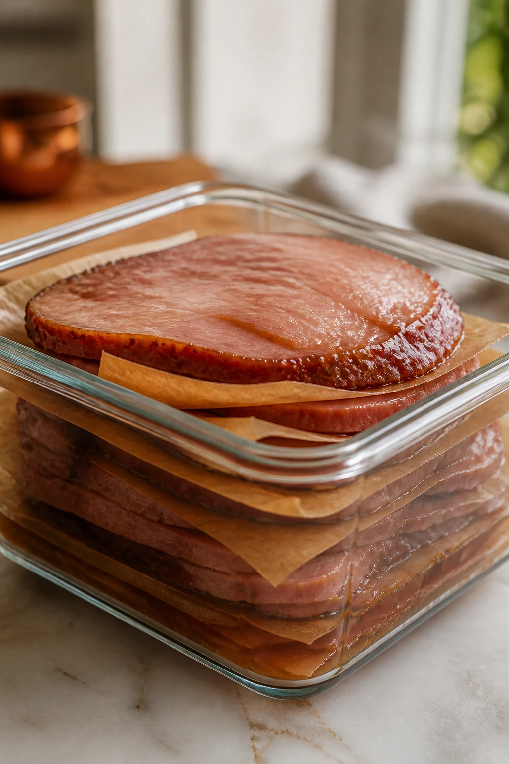 Airtight glass ham storage container with glossy slices on a kitchen counter.