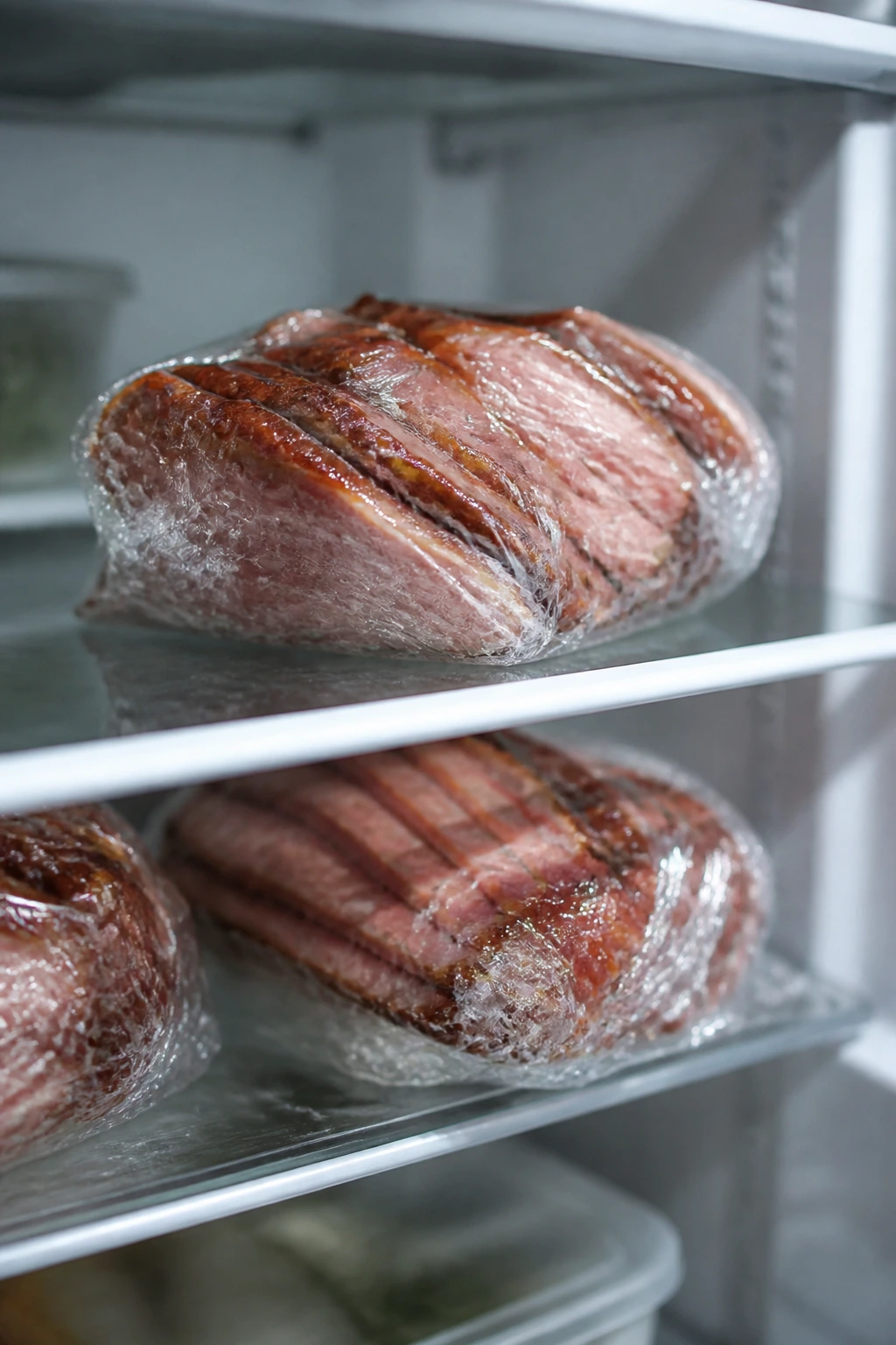 Wrapped ham portions stored in refrigerator for make-ahead