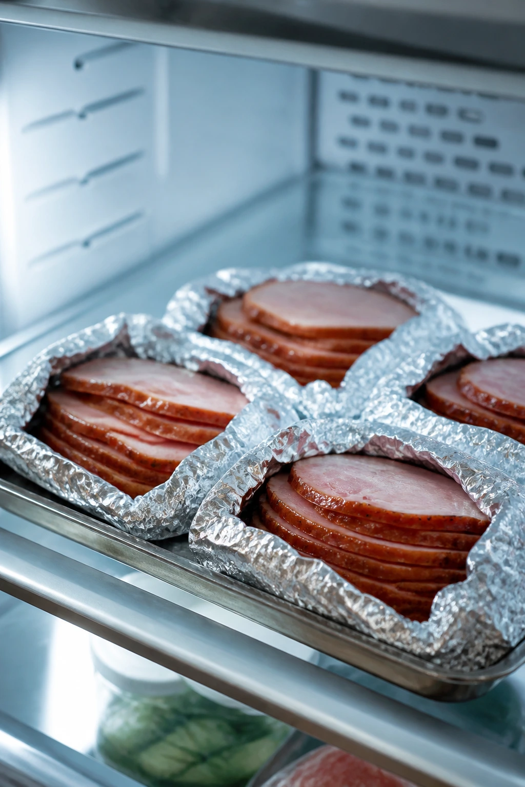 Foil-wrapped ham slices in refrigerator