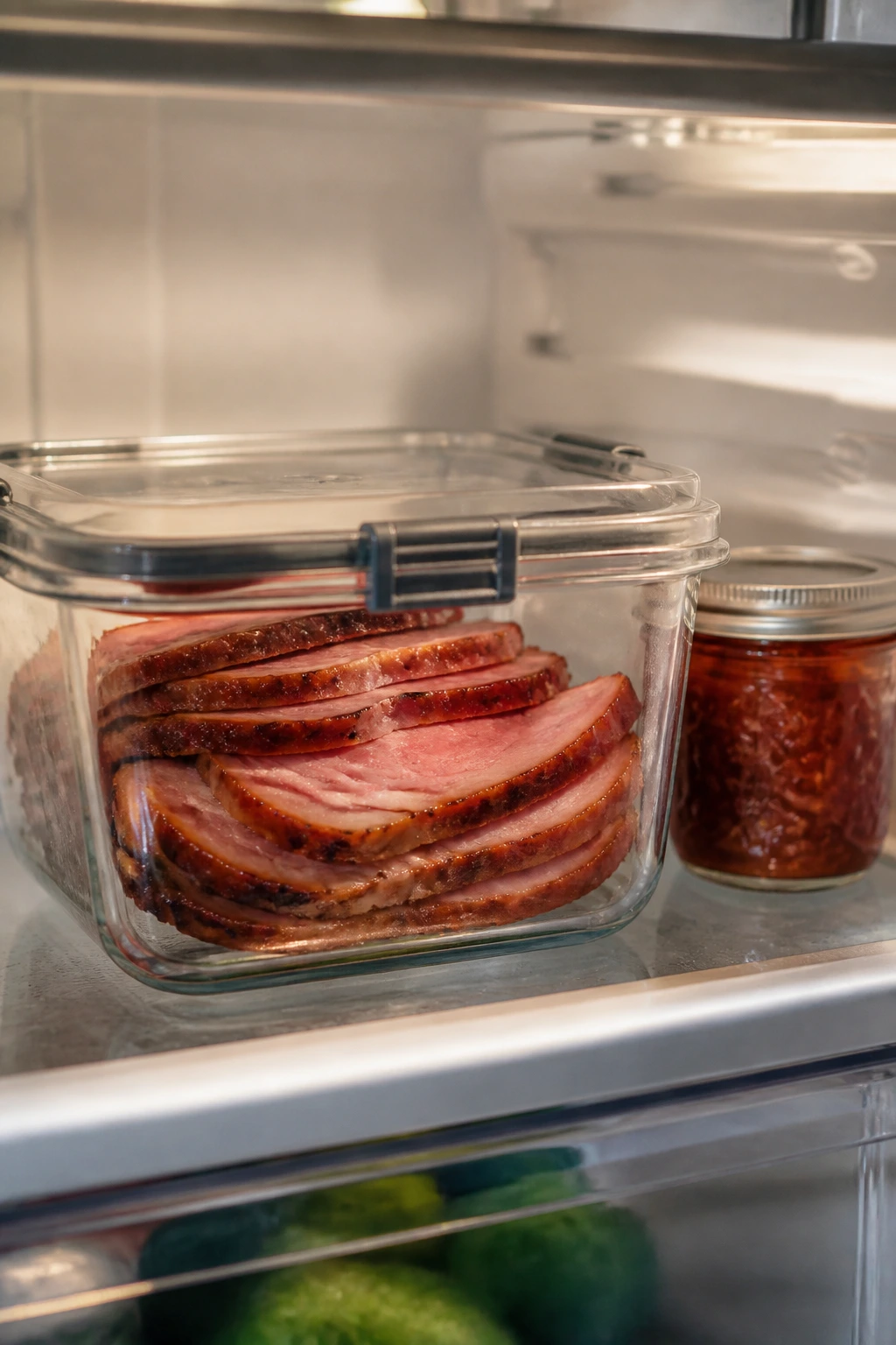 Sliced ham stored in an airtight container