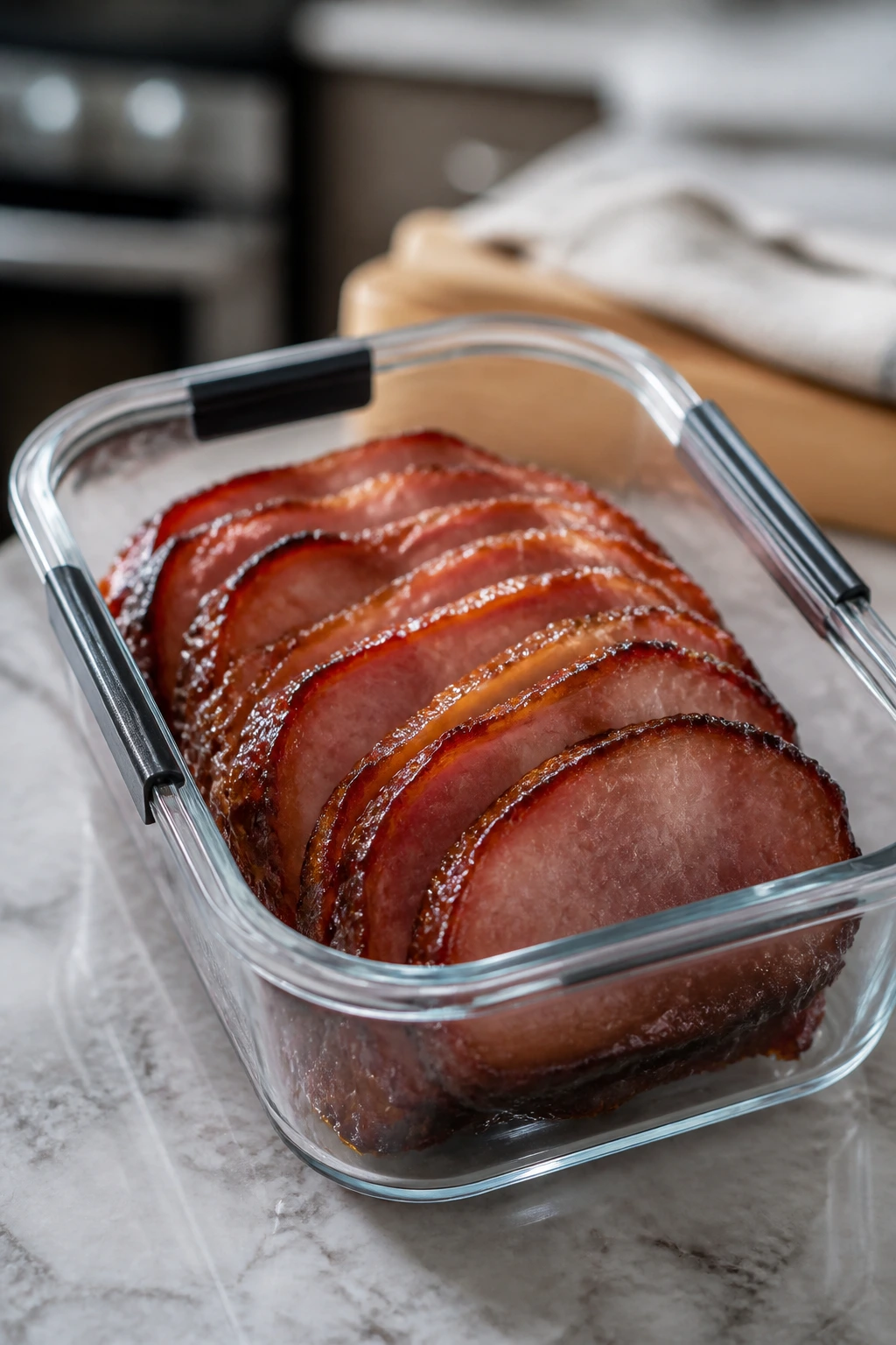 Glazed ham slices in airtight container on counter