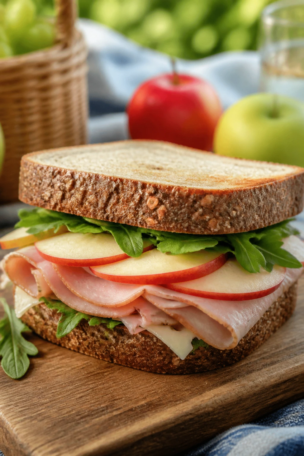 Close-up of ham Swiss apple sandwich with arugula outdoors