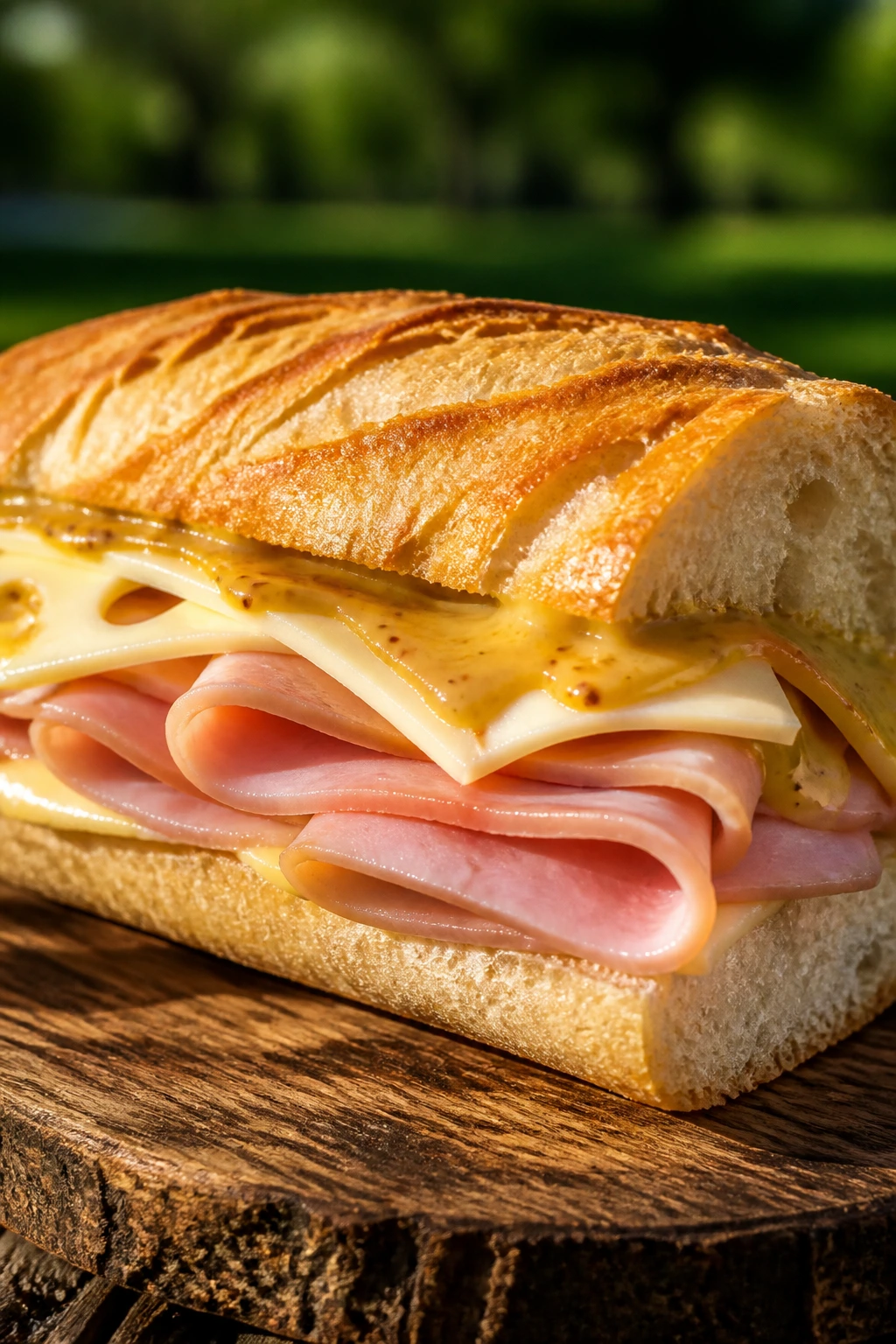 Baguette sandwich with ham, Swiss cheese, and honey mustard on a wooden board outdoors