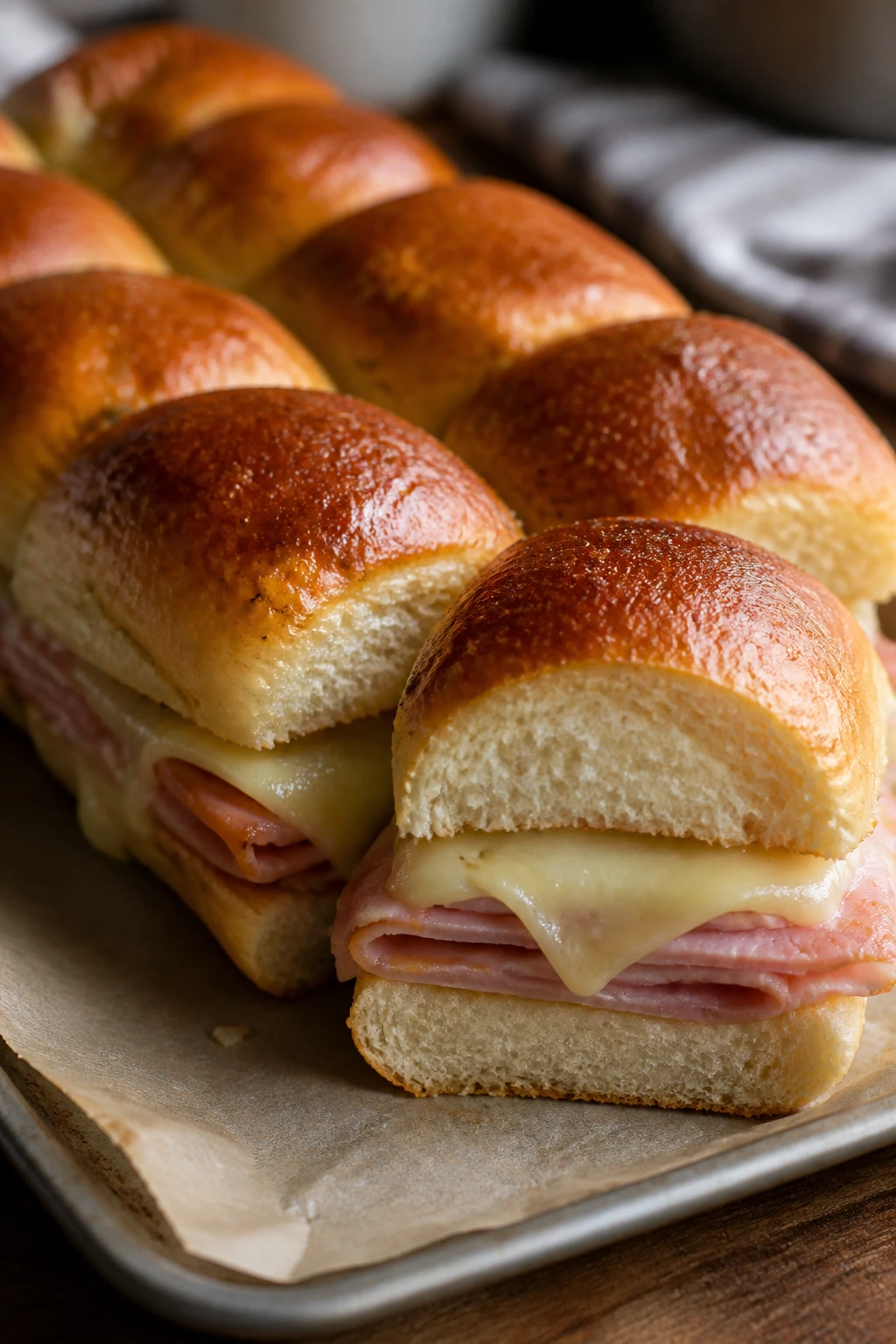 Butter-brushed ham and Swiss rolls on parchment