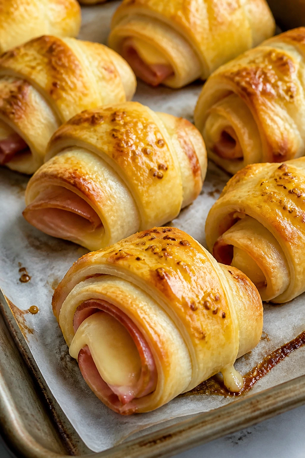 Close-up of ham and Swiss crescent rollups with mustard glaze on baking sheet