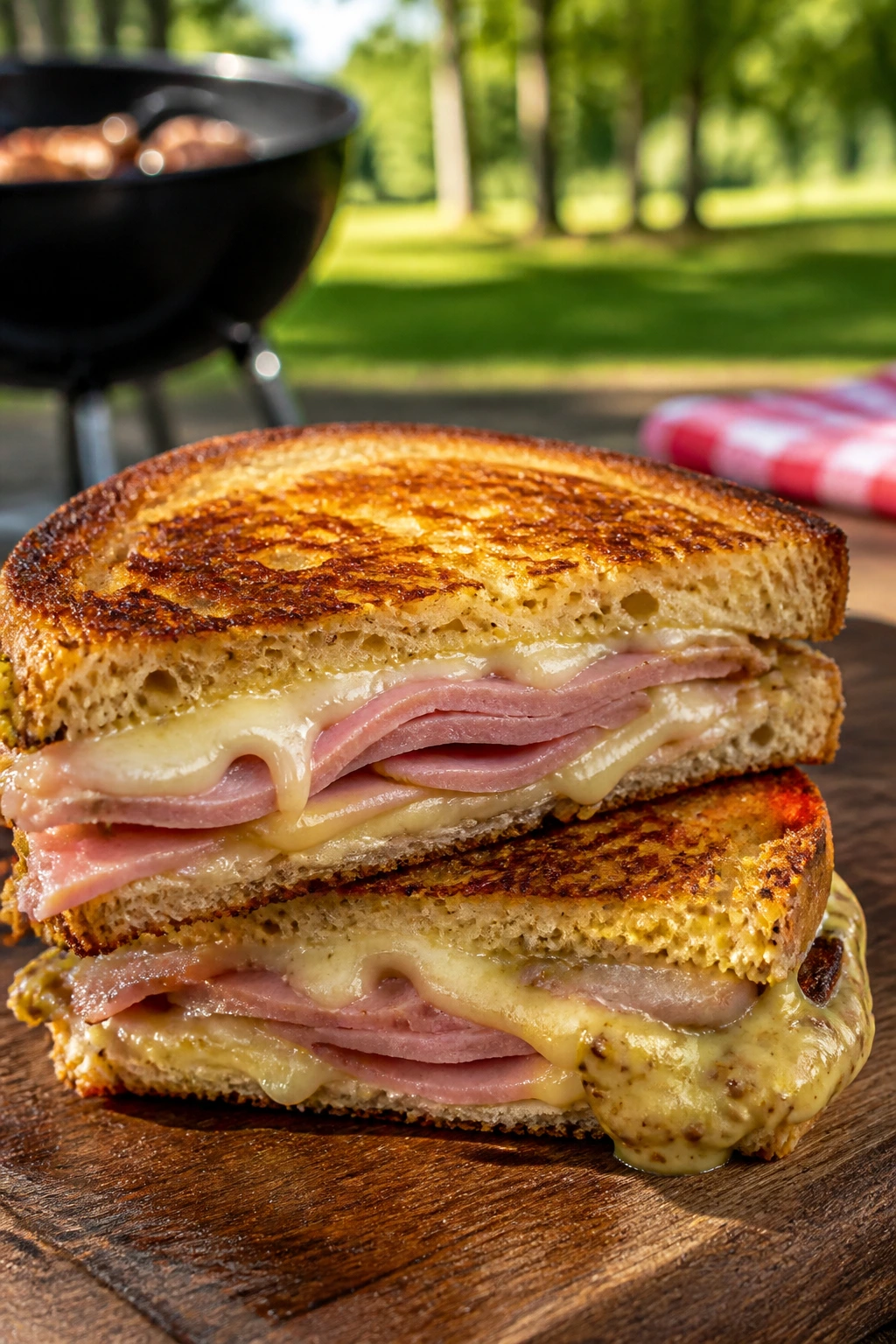 Pressed ham and Swiss sandwich with melted cheese outdoors on a picnic table