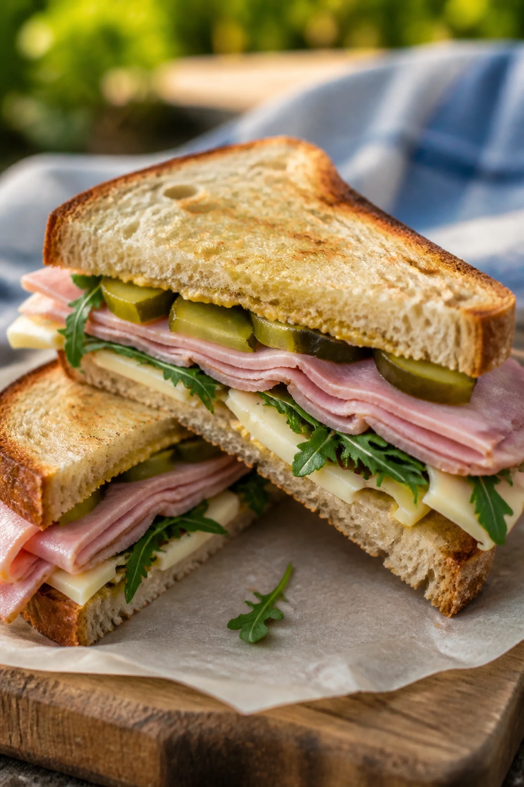Close-up sandwich ham Swiss Dijon on sourdough with arugula and pickles