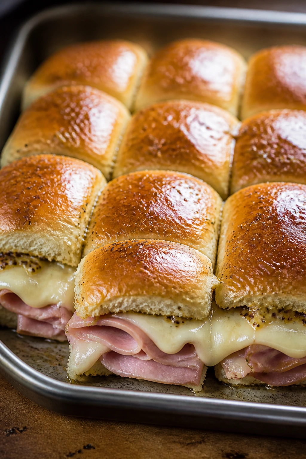 Close-up of sheet-pan sliders with melted cheese on a kitchen counter