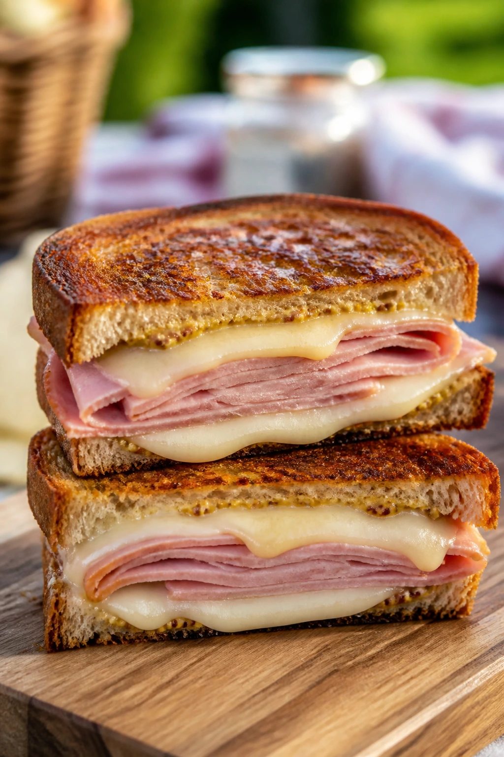 Close-up of ham Swiss melt sandwich with melted cheese on toasted bread