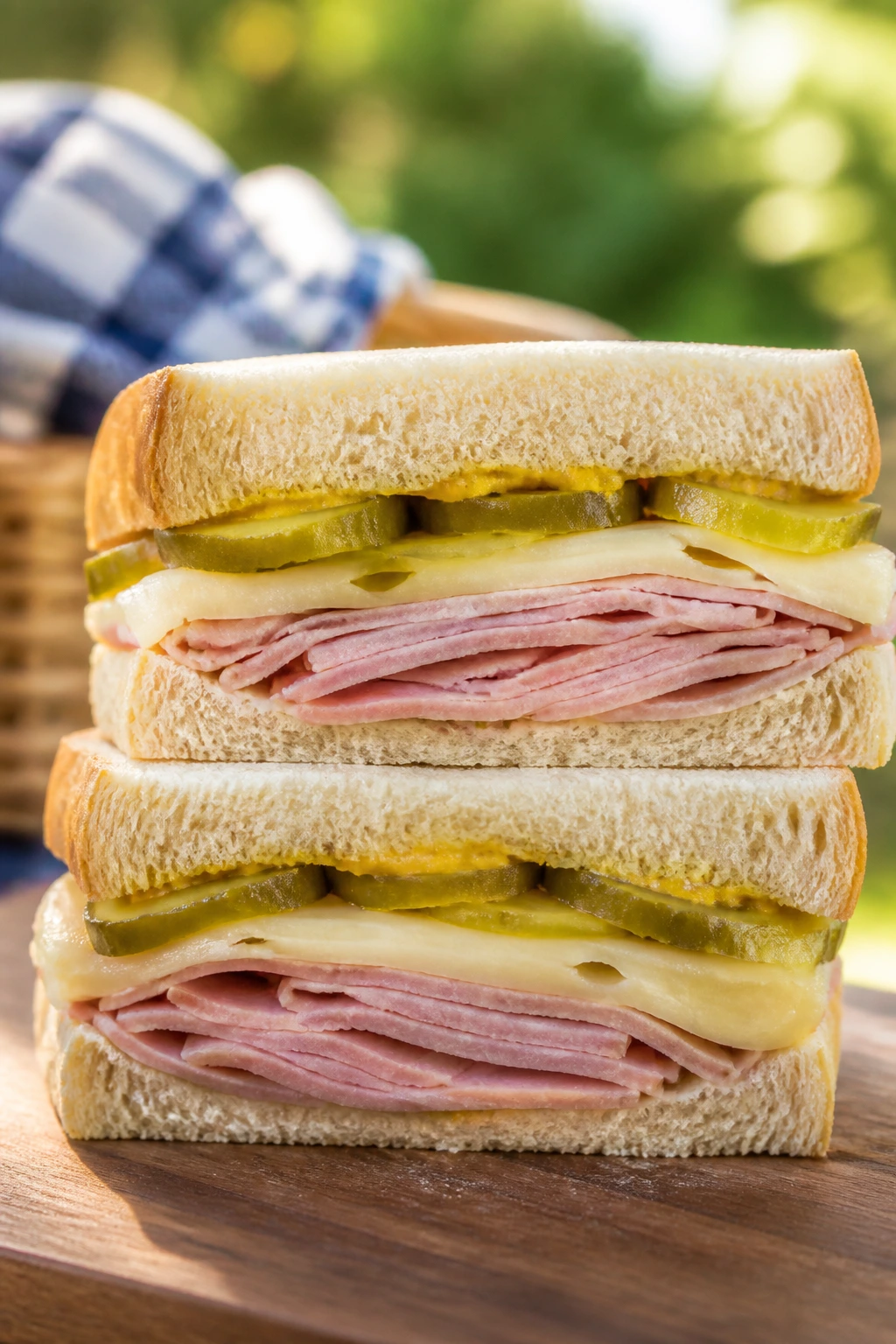 Cross-section of ham Swiss pickle sandwich on a cutting board in a sunny outdoor setting