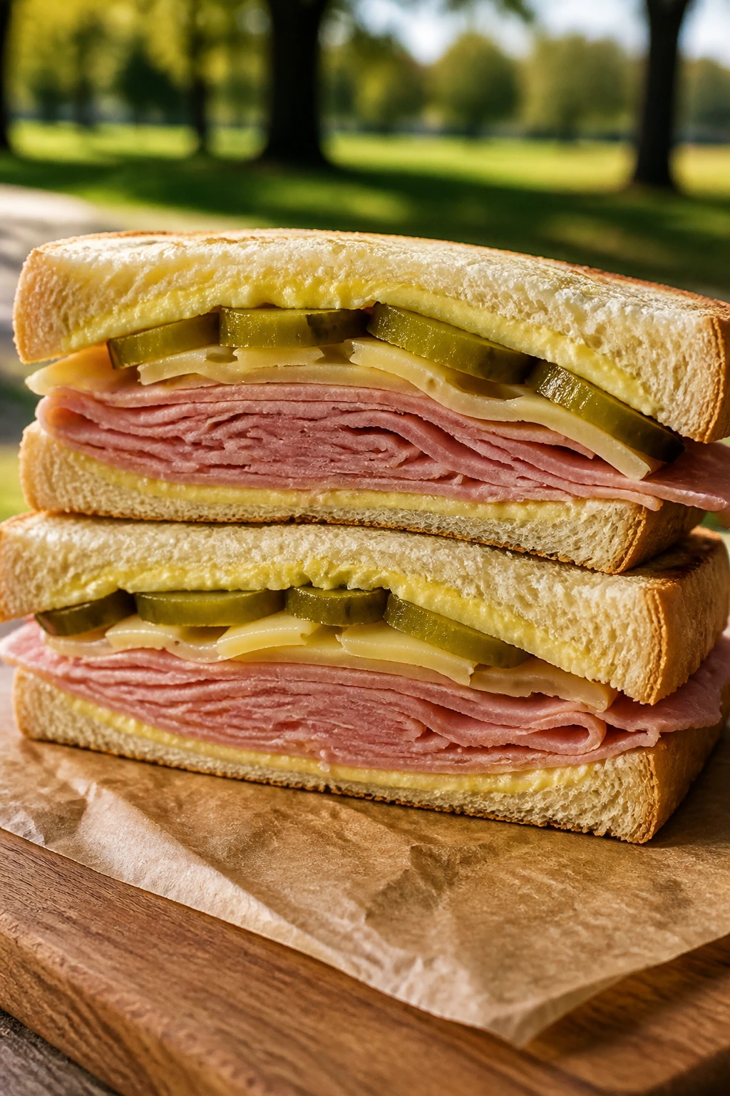 Close-up of buttered ham Swiss dill pickle sandwich cut in half outdoors