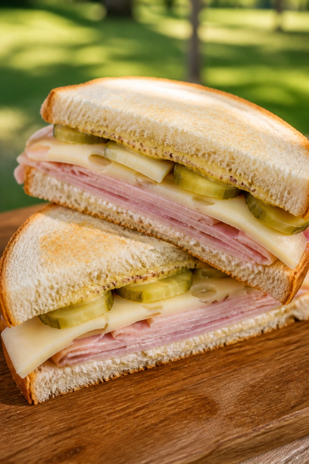 Close-up of a ham Swiss pickle butter sandwich on a picnic board, showing layered ingredients.