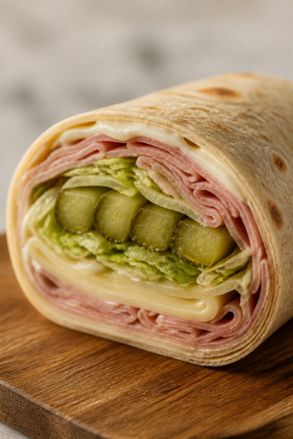 Close-up Ham Swiss Pickle Wrap cross-section showing ham cheese and pickles