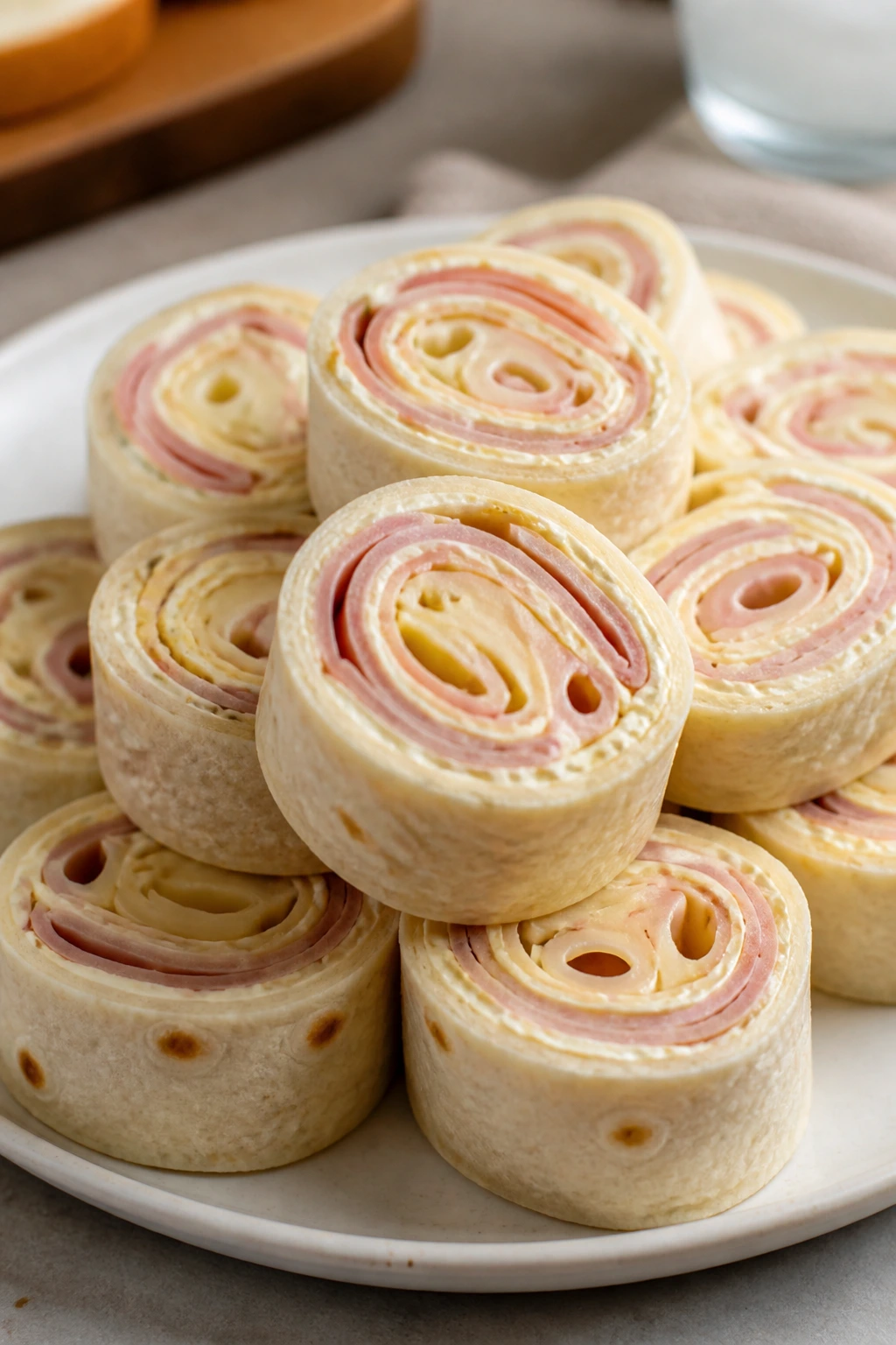 Close-up of ham and Swiss pinwheels on a plate