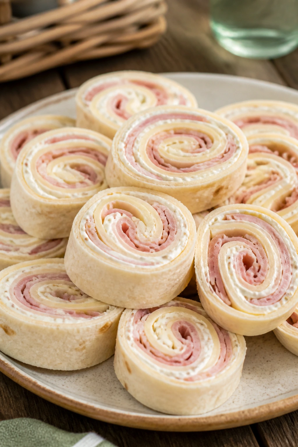 Close-up of ham and Swiss pinwheels on a plate at an outdoor picnic