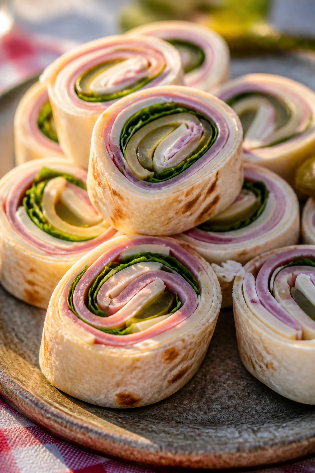 Ham and Swiss pinwheels on a rustic plate outdoors
