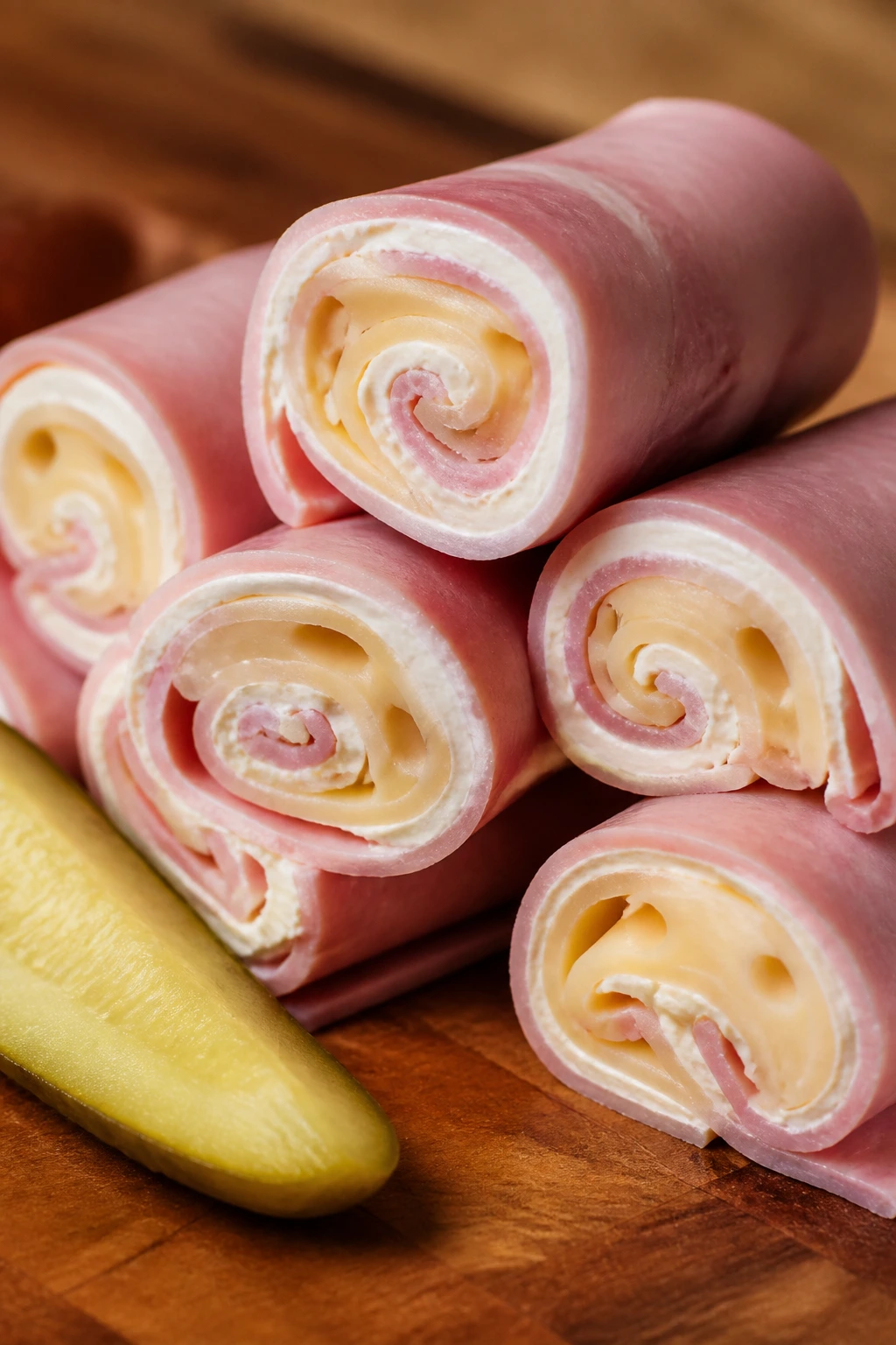 Ham and Swiss roll-ups sliced and arranged on cutting board