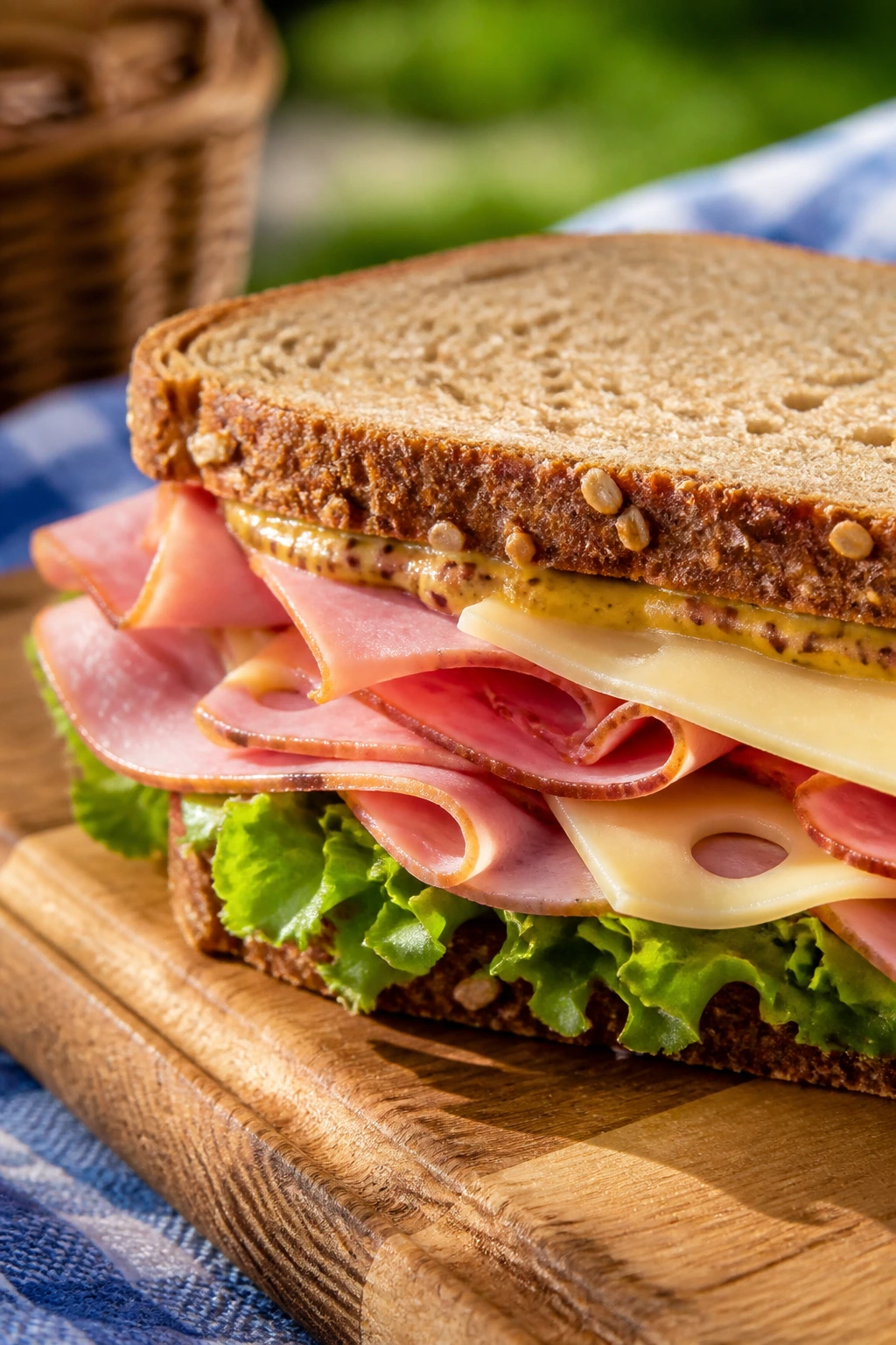 Close-up Ham Swiss Rye Sandwich with honey mustard