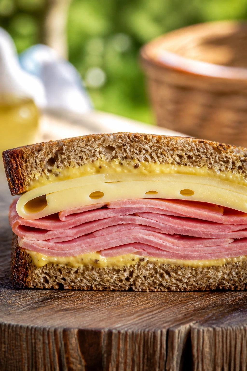 Cross-section ham Swiss rye sandwich with Dijon butter in outdoor light