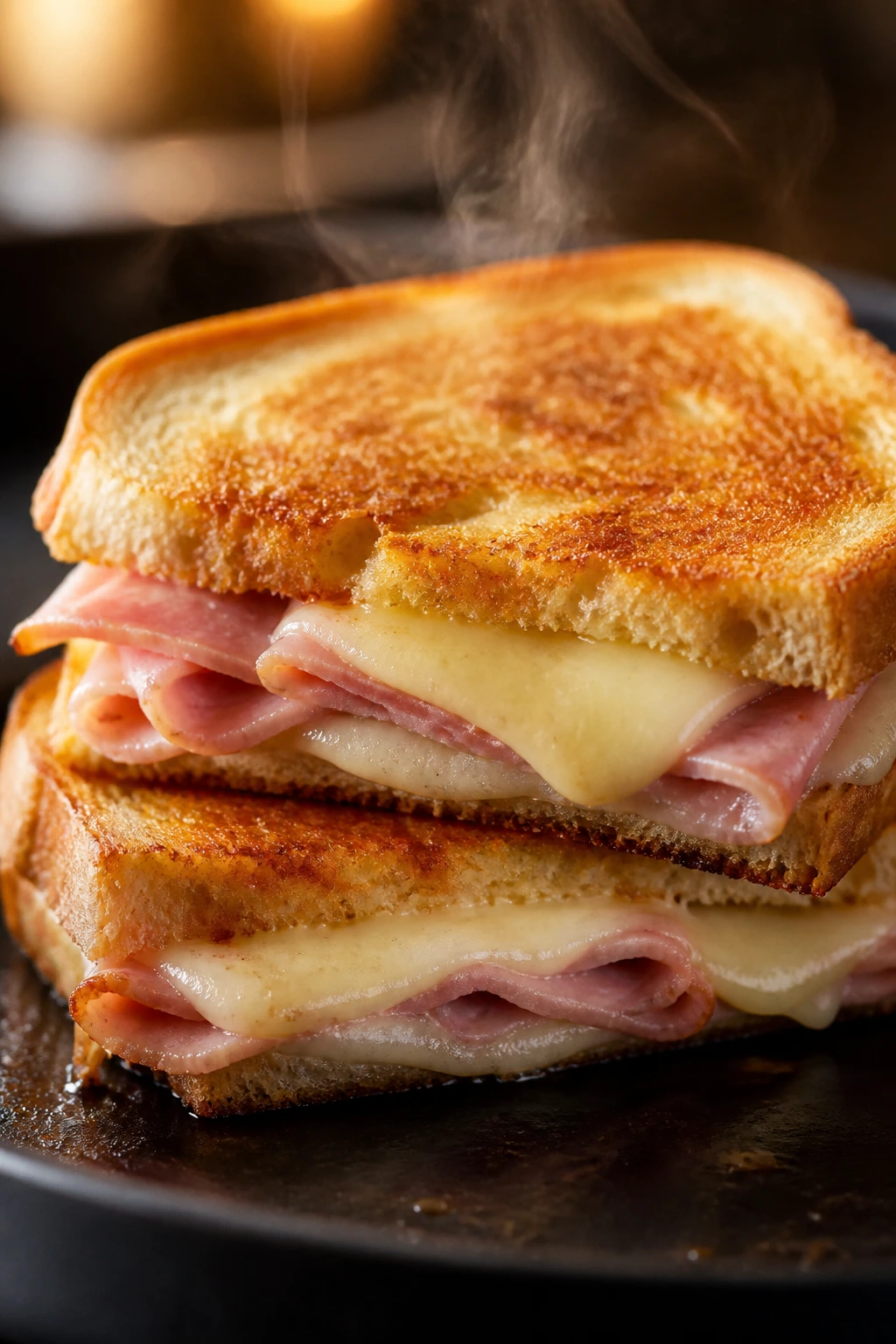 Close-up Ham and Swiss Melt showing melted cheese on toast