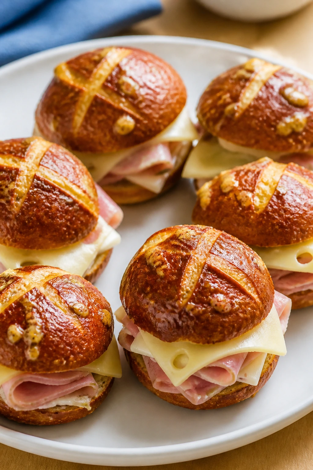 Close-up of ham Swiss pretzel sliders on a plate for lunchbox meals