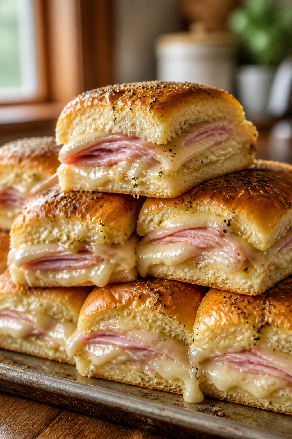 Close-up of warm ham and Swiss sliders with melted cheese on a baking sheet