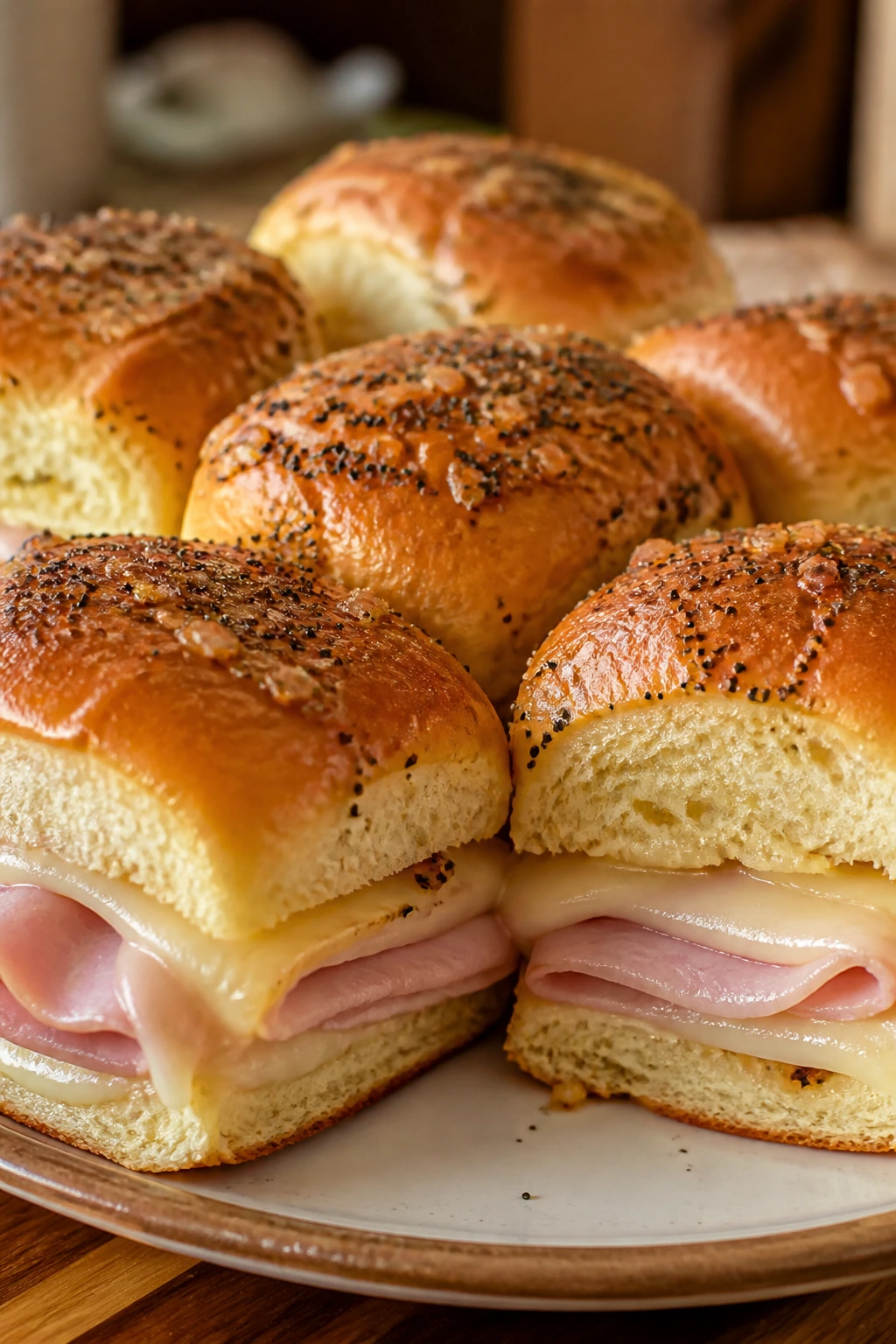 Close-up of ham and Swiss sliders with melted cheese