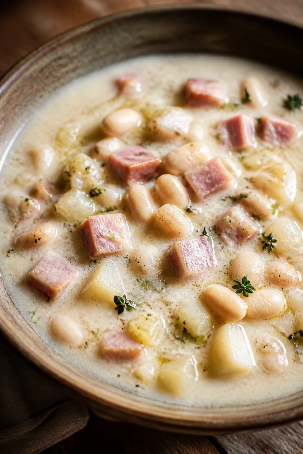 Close-up of ham and white bean chowder in a bowl.