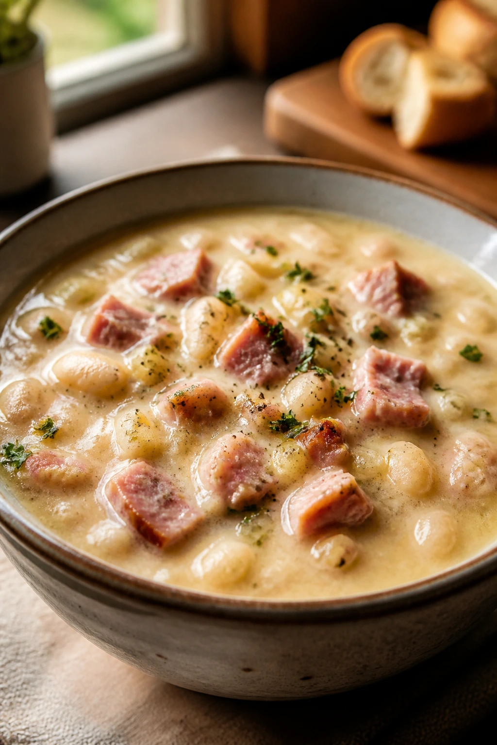 Close-up of ham and white bean chowder in a bowl with ham chunks and beans