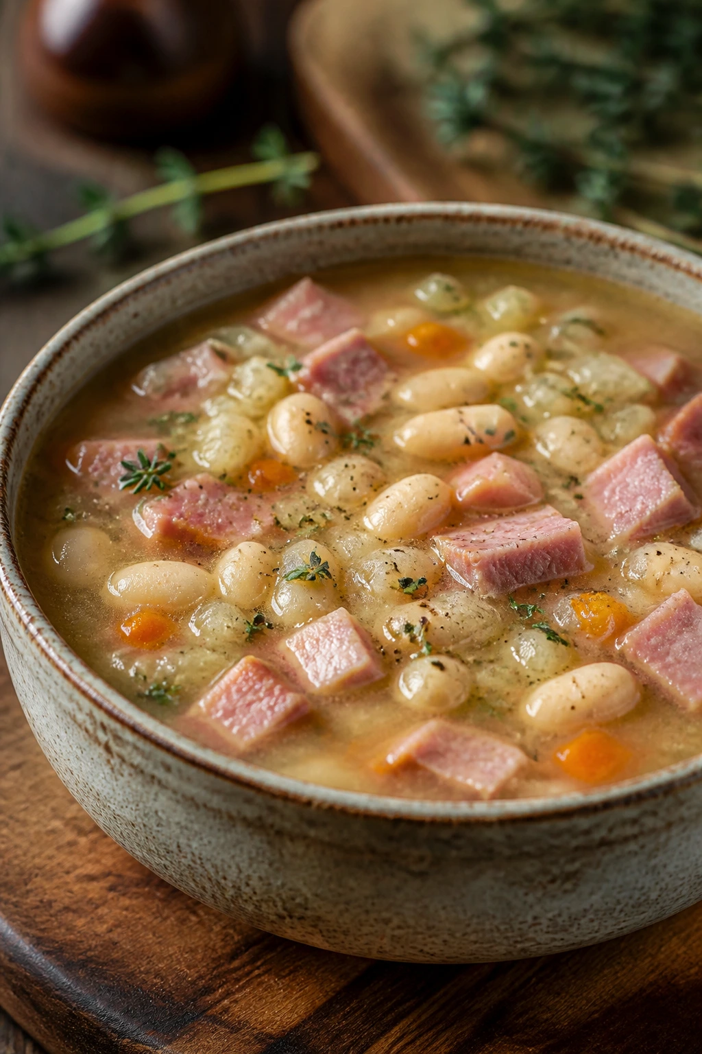 Ham and white bean soup in a rustic bowl with thyme