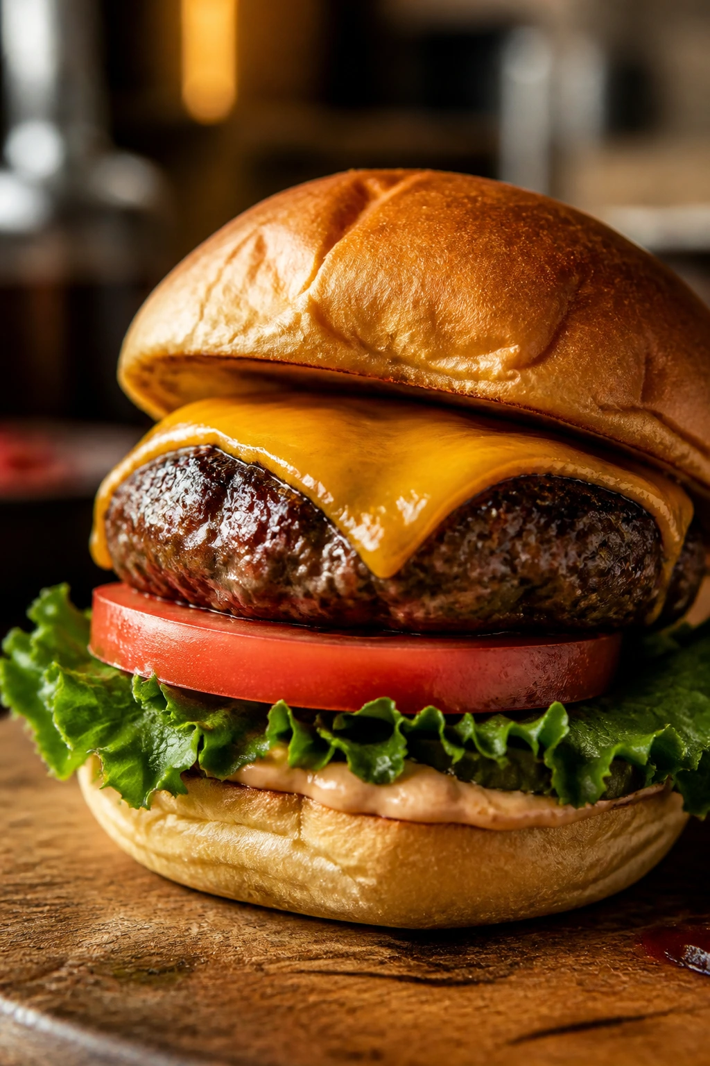 Close-up of a tall, well-assembled hamburger with lettuce and tomato on a warm kitchen table