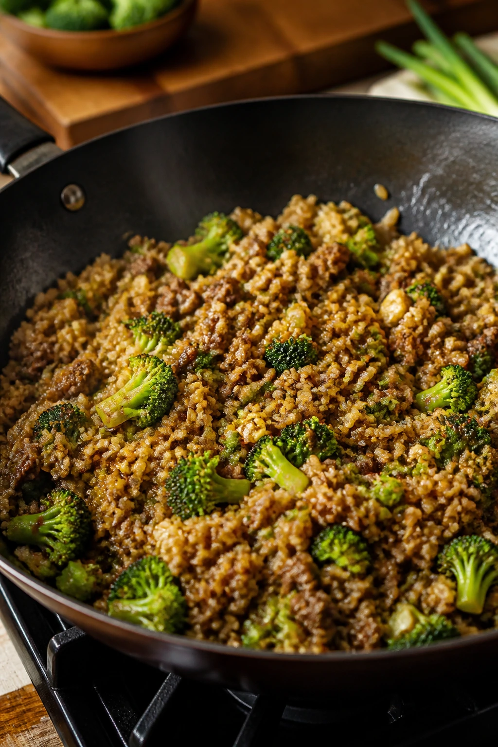 Wok full of hamburger broccoli fried rice with glossy soy glaze