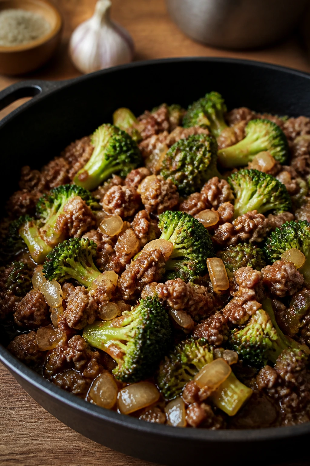Skillet base with onion, beef, and broccoli in savory sauce