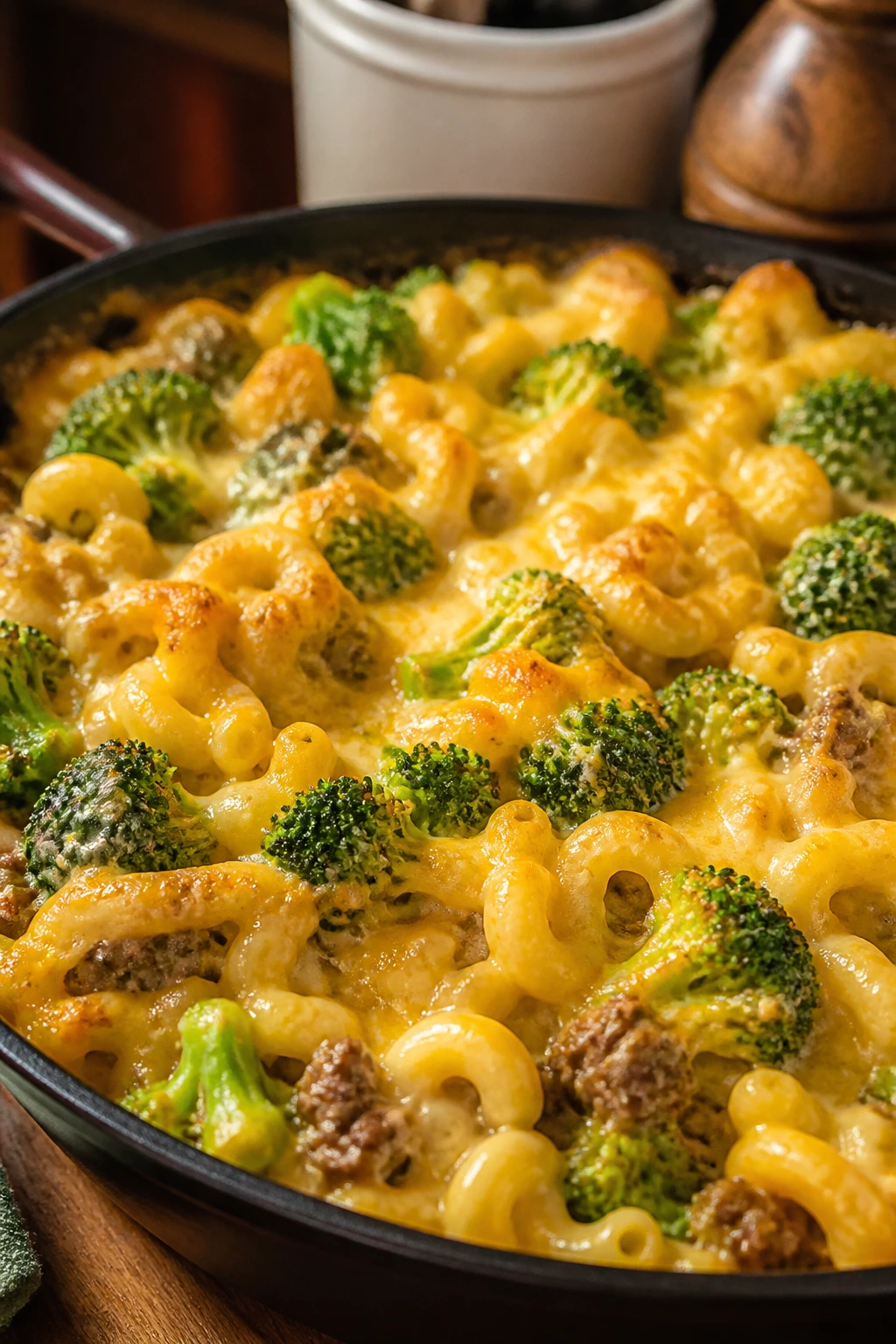 Cheesy hamburger broccoli mac and cheese in a skillet