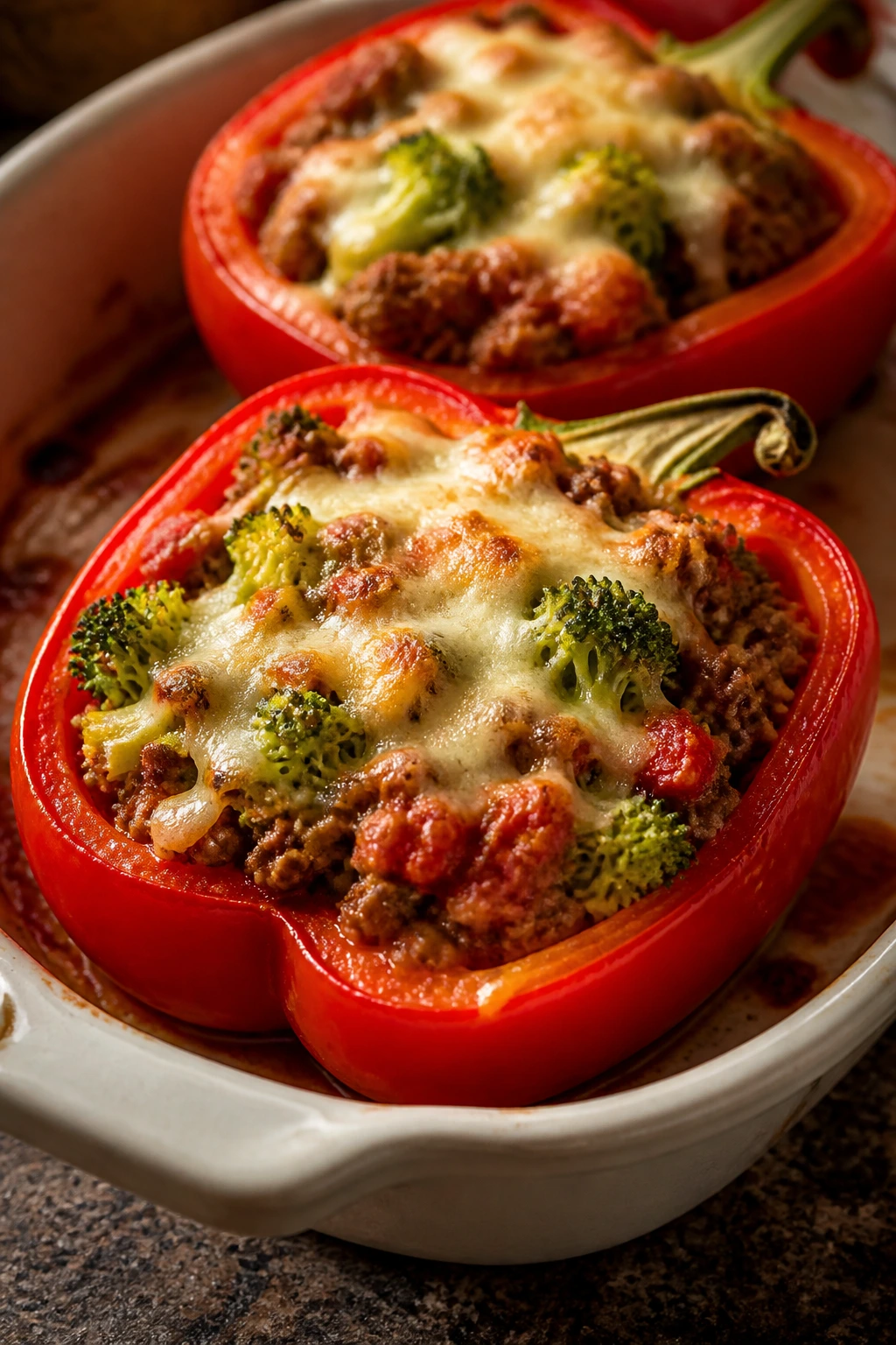Red bell peppers stuffed with broccoli beef filling