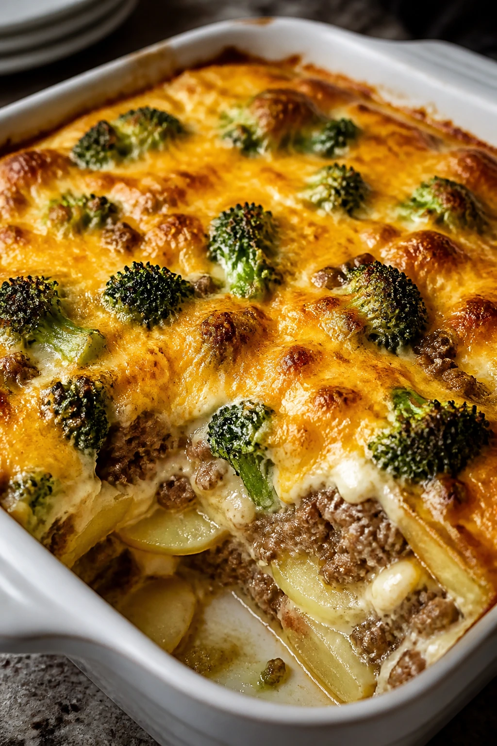 Casserole dish showing creamy layers of potatoes, beef, broccoli with cheddar topping