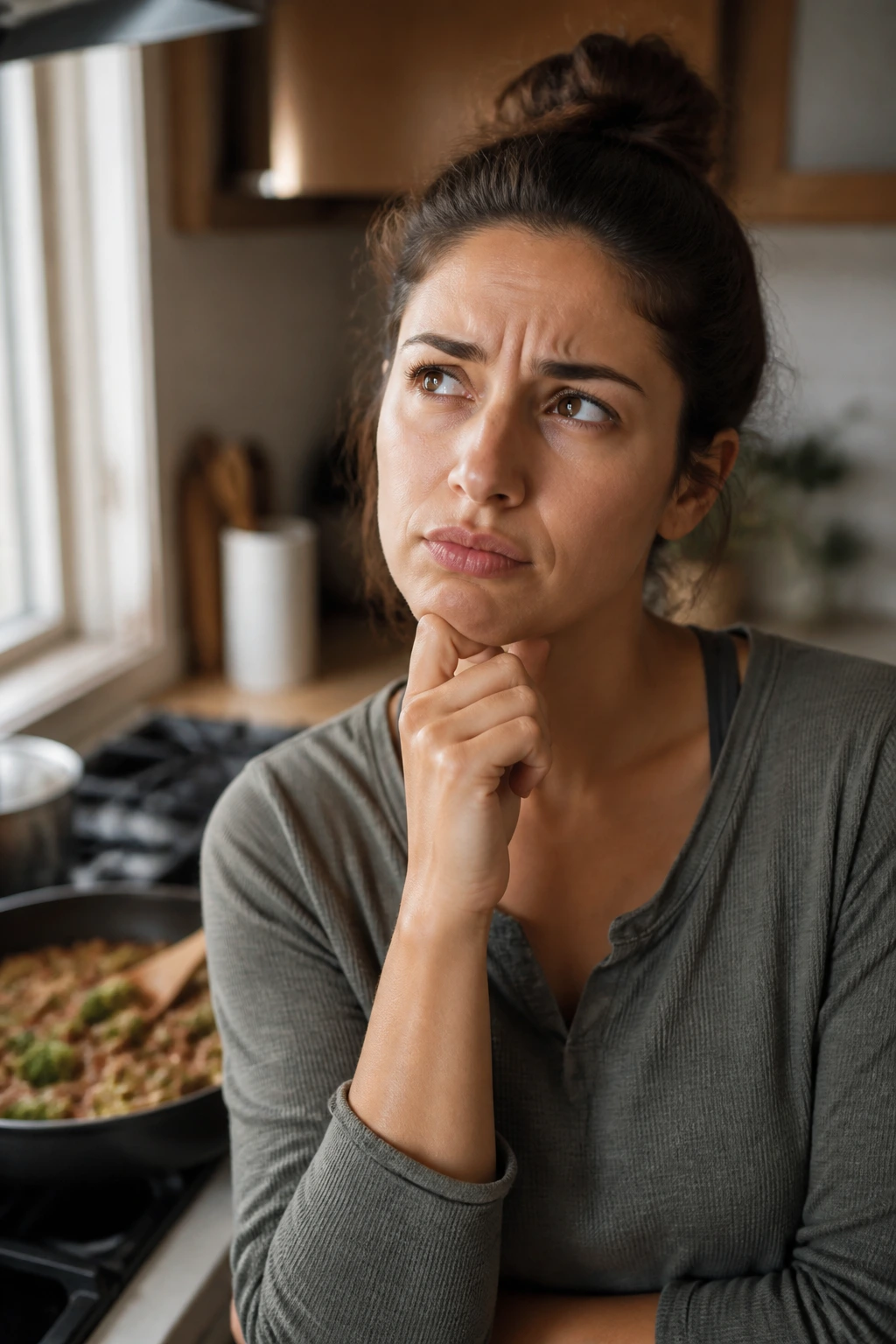 Thoughtful home cook in a warm kitchen with broccoli and skillet in the background