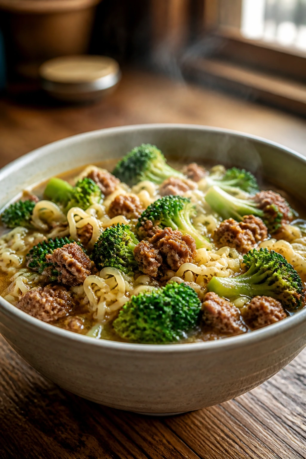 Close-up of hamburger broccoli ramen bowl with beef, broccoli, and noodles in broth