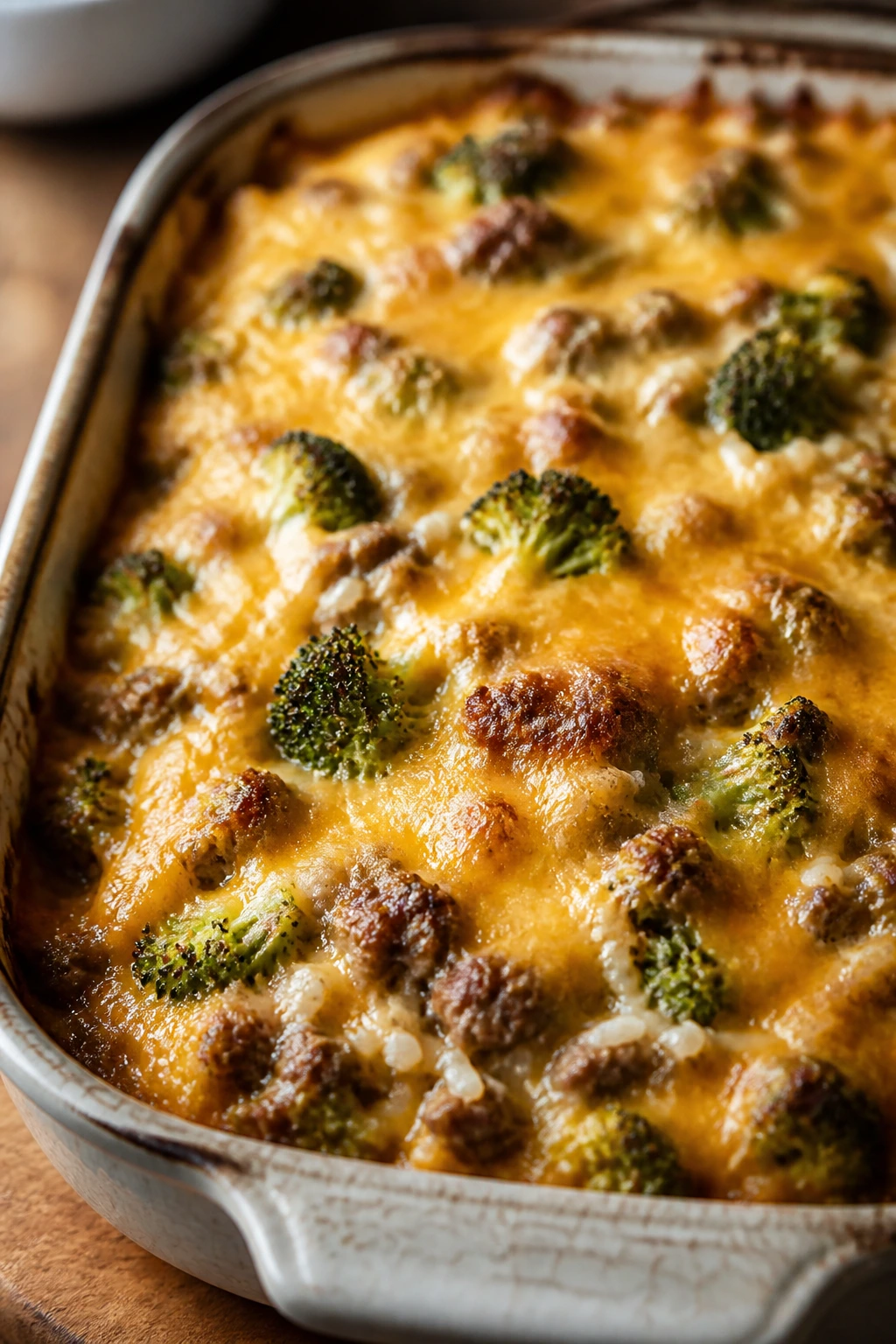 Hamburger broccoli rice casserole in a baking dish