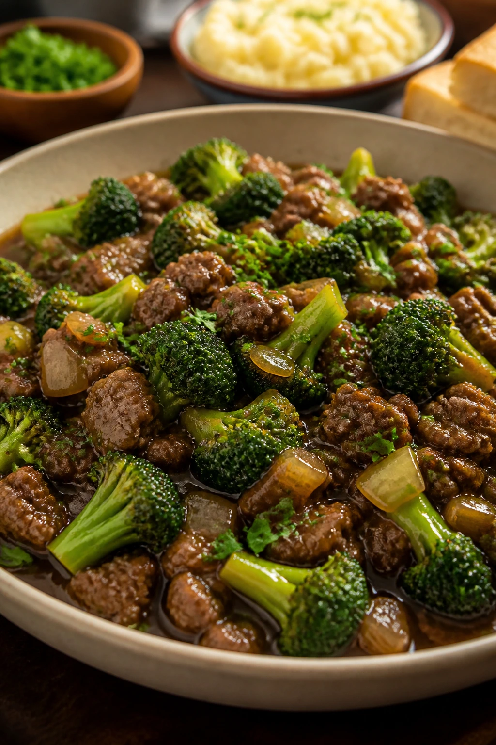 Hamburger broccoli served in a bowl with glossy sauce on a wooden table