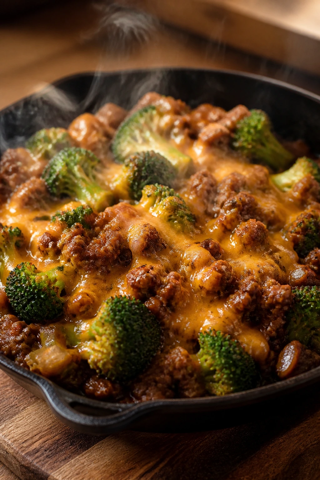 Close-up of hamburger broccoli skillet with beef, broccoli, and melted cheese in a cast-iron pan on a wooden counter
