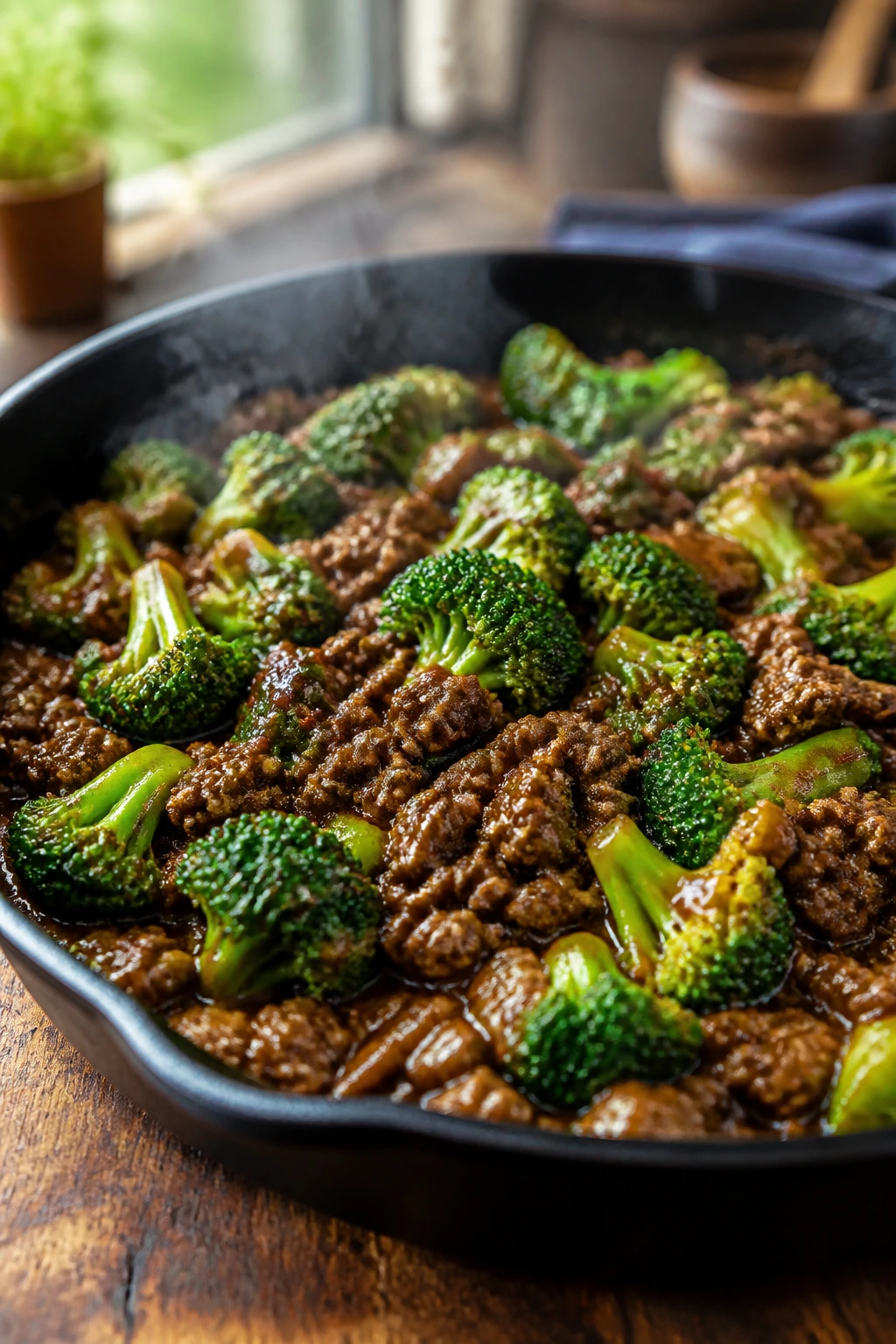 Close-up of hamburger broccoli skillet in a rustic kitchen