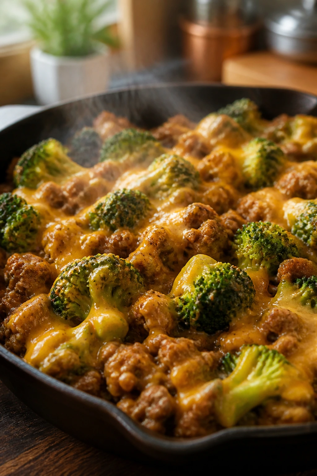 Close-up of a steaming hamburger broccoli skillet with melted cheddar in a warm kitchen