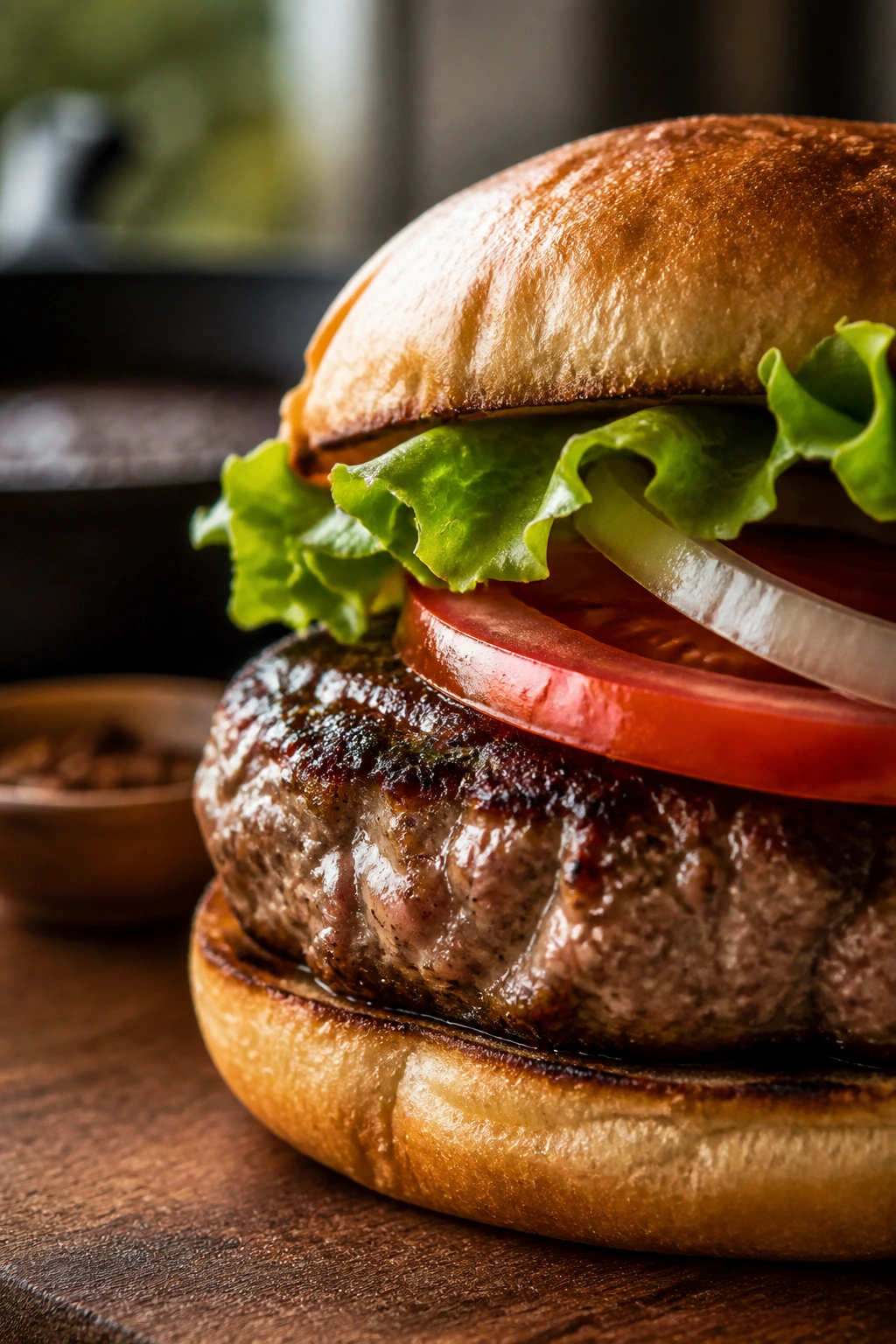 Close-up of a juicy classic hamburger with browned patty, buttered bun, crisp lettuce, tomato, and onion