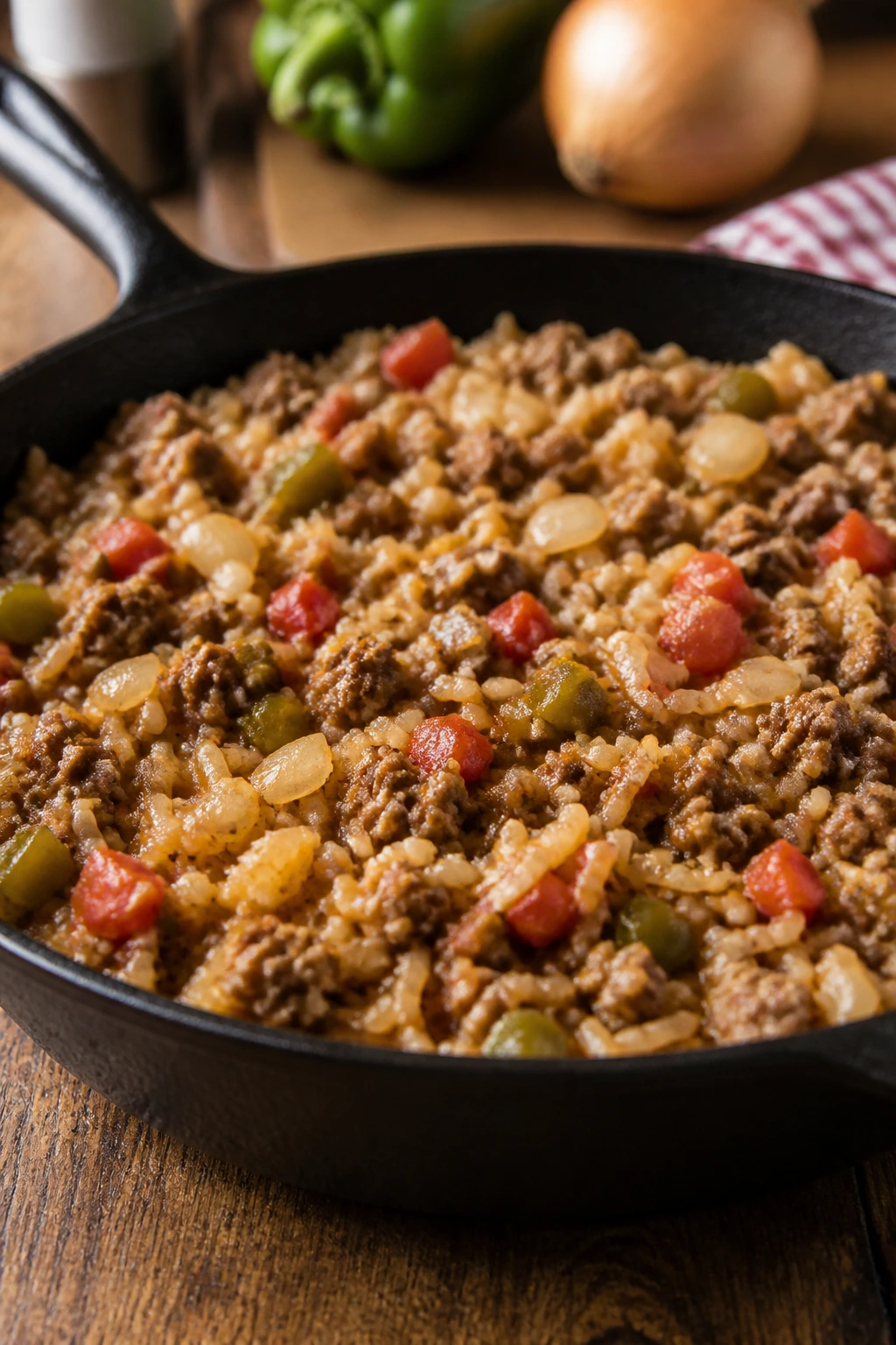 Beef and rice skillet dish illustrating stretched hamburger meal