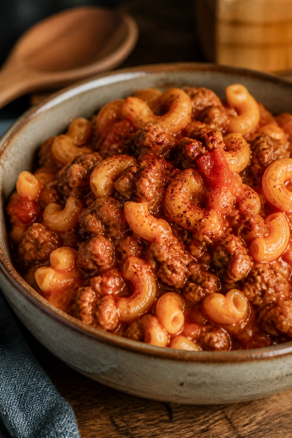 Close-up of hamburger goulash in a bowl